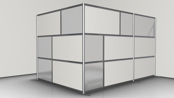 L-Shaped Office Partition, 124" x 84" x 75" high, White and Translucent Panels