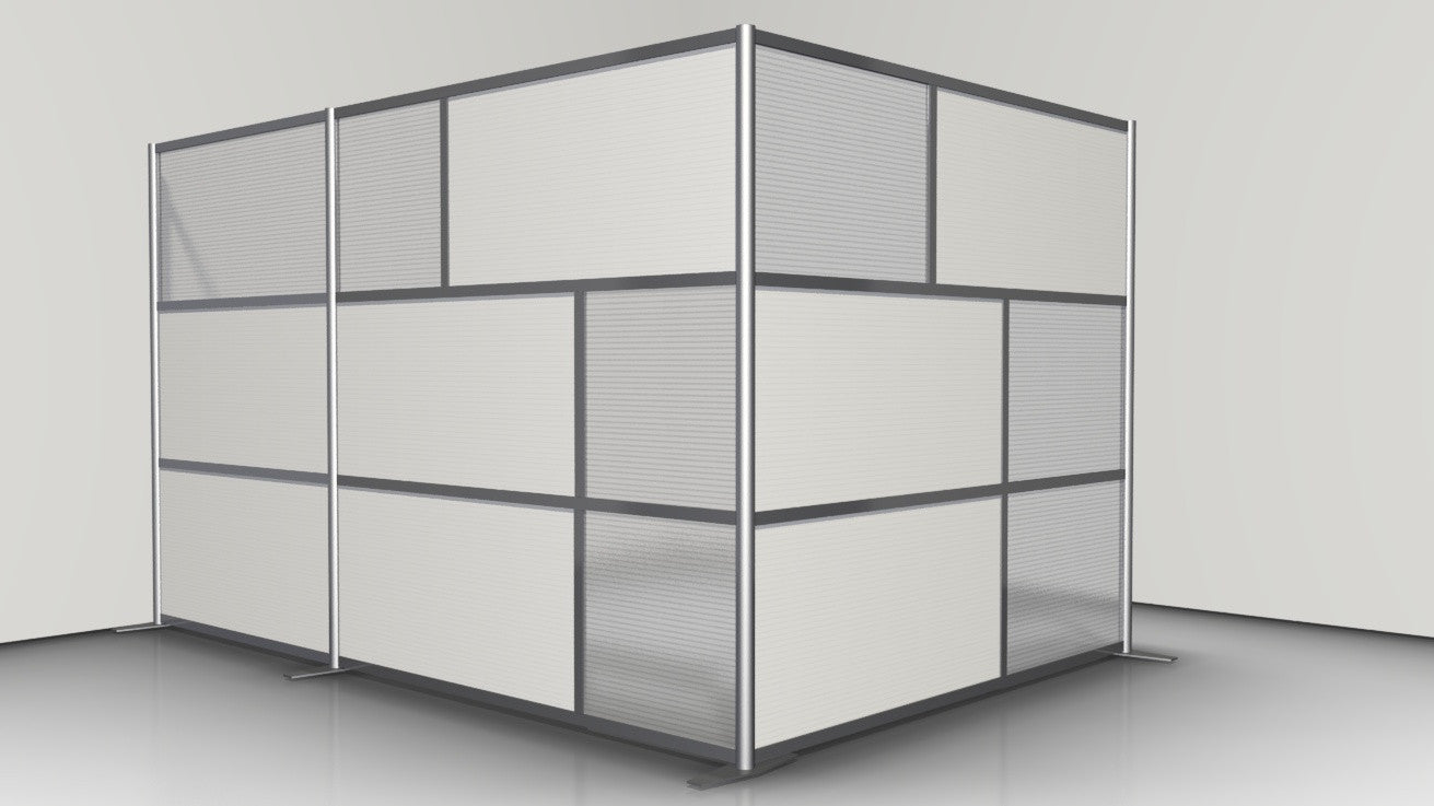 L-Shaped Office Partition, 124" x 84" x 75" high, White and Translucent Panels