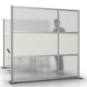 75" wide by 75" tall modern office partition wall with white & translucent panels. Modular Room Partition System to divide offices, desks, healthcare facilities, to divide rooms. Room dividers for offices, office cubicles, room partition walls.