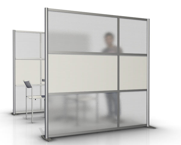 75" wide by 75" tall modern office partition wall with white & translucent panels. Modular Room Partition System to divide offices, desks, healthcare facilities, to divide rooms. Room dividers for offices, office cubicles, partition walls.