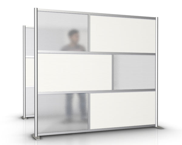 84" wide by 75" tall modern room partitionFreestanding room partition to divide medical and office spaces and as a patient privacy screen divider. A modular Medical Partition System for use in Hospitals & Healthcare Facilities, Orthodontics,  Orthodontist, Dental treatment rooms, doctor exam room privacy screen divider and portable room divider partition wall. office divider with white and translucent panels