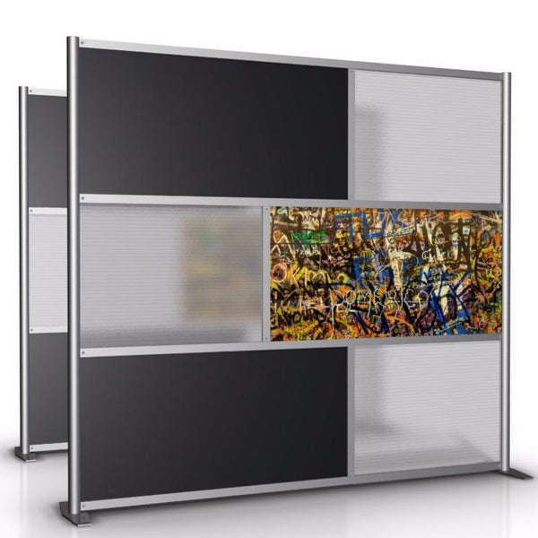 84" wide by 75" tall street art graffiti room divider with black & translucent panels