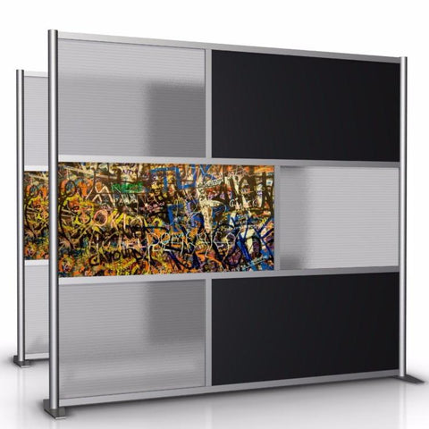 84" wide by 75" tall street art graffiti room partition and room divider with black & translucent panels