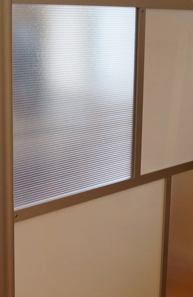 Hammered Translucent and White Opaque Insert Panel for Office Partitions Freestanding modular room partition to divide desks, office partition, room divider, modern design, for use in healthcare, medical exam rooms, dental offices, orthodontic offices, for medical patient privacy screens