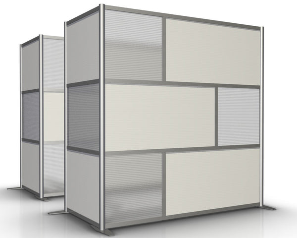L-Shaped Office Partition, 75" length by 35" width by 75" tall with White and Translucent Panels