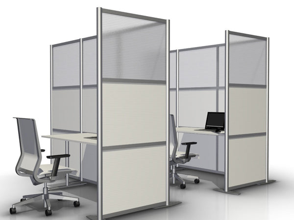 L-Shaped Office Partition, 100" length by 35" width by 75" tall with White and Translucent Panels
